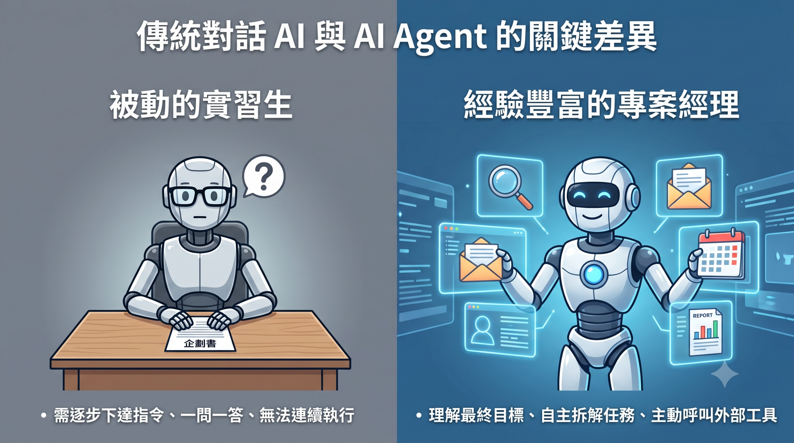 一張資訊圖表，比較「傳統對話 AI（被動實習生）」與「AI Agent（經驗豐富專案經理）」的關鍵差異。