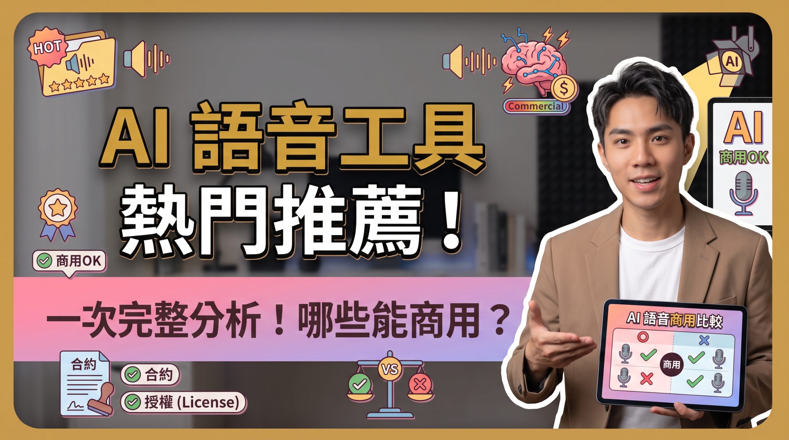AI語音工具熱門推薦與商用分析封面，展示穿著西裝外套的男子手持平板展示語音商用比較，搭配合約與授權等插圖